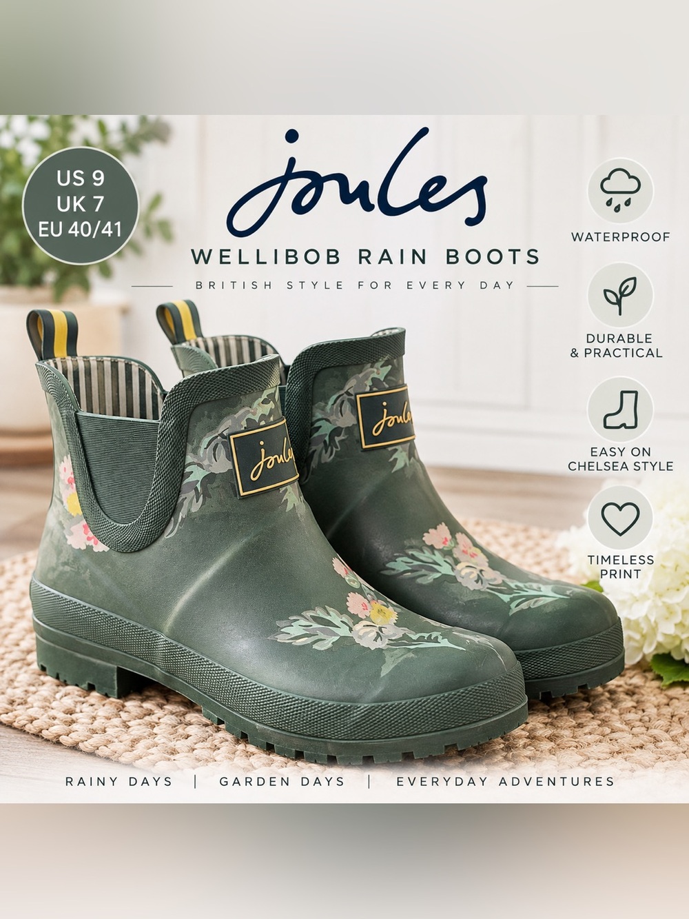 Joules Wellibob Chelsea Rain Boots Women’s US 9 Green Floral Waterproof Ankle